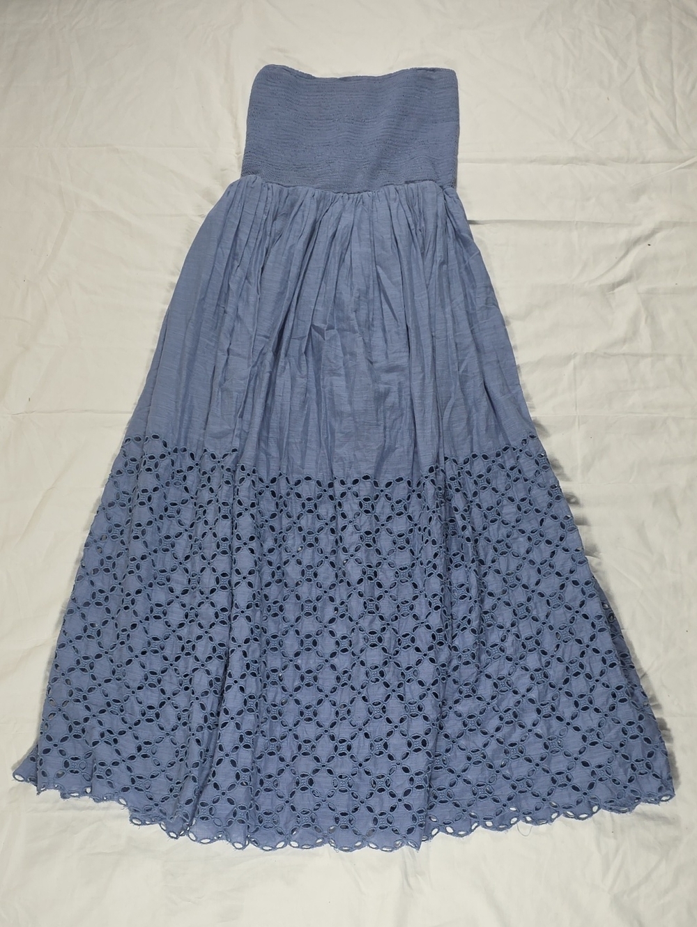 Free People Dusty Blue Eyelet Strapless Maxi Skirt